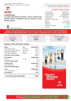 India Airtel telecommunication services business utility bill template in Word and PDF formats